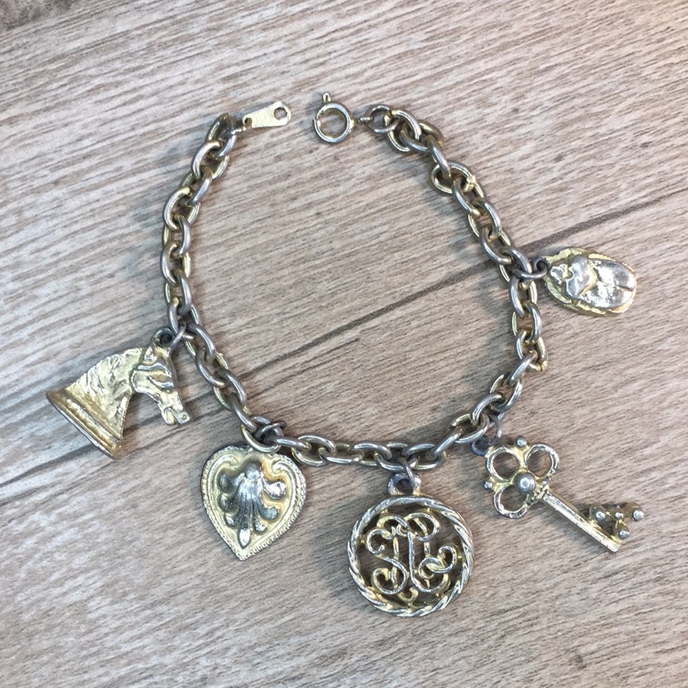 Vintage Charm Bracelet With Horse Key Heart Beetle And Letters